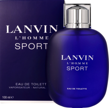 Granatowa woda toaletowa Lanvin L'Homme Sport w butelce ze srebrną nakrętką i pasującym pudełku 100ml.