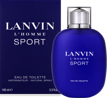 Lanvin L'Homme Sport EDT, ciemnoniebieska butelka z srebrną zakrętką i pudełko z białym napisem, widok z przodu.