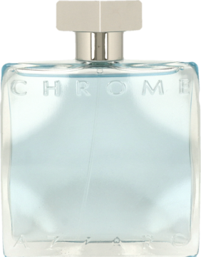 Azzaro Chrome woda toaletowa w przezroczystej, prostokątnej butelce z jasnoniebieskim płynem i srebrnym korkiem, widok z przodu.
