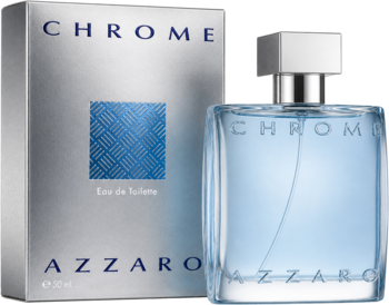 Azzaro Chrome woda toaletowa męska. Srebrne pudełko i błękitna butelka z logo, widok z przodu pod kątem.