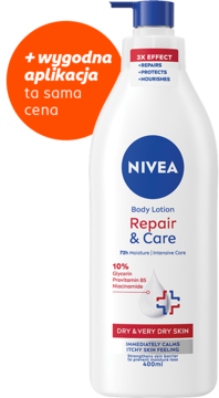 Balsam NIVEA Repair & Care 400ml do suchej skóry, biała butelka z niebieskim logo, pomarańczowa etykieta promocyjna.