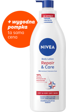 Balsam NIVEA Repair & Care 400ml, biała butelka z niebieską pompką, dla suchej skóry. Widoczne 3X efekt, 10% gliceryny.