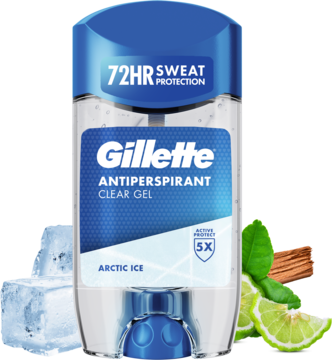 Gillette Antyperspirant Clear Gel Arctic Ice w niebiesko-przezroczystym opakowaniu, widok z przodu, z lodem i cytrusami.