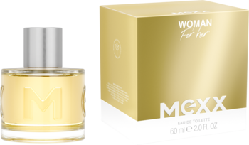 Mexx Woman woda toaletowa, szklana butelka z logo M i złote pudełko 60ml obok siebie.