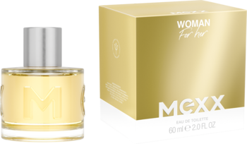 Mexx Woman woda toaletowa, szklana butelka z logo M i złote pudełko 60ml obok siebie.