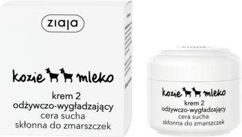 Ziaja Kozie Mleko krem 2, odżywczo-wygładzający do cery suchej. Białe opakowanie i słoik z kozami.
