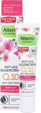 Alterra Q10 Bio-Orchidee krem pod oczy, biała tubka z różowymi orchideami, widok z przodu.