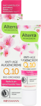 Alterra Anti-Age krem pod oczy Q10 Bio-Orchidee, biała tubka i pudełko, widok z przodu z różowymi orchideami.