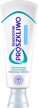 Biała tubka pasty Sensodyne ProSzkliwo Delikatne Wybielanie, z niebieskim logo i pionowym tekstem, widok frontalny.
