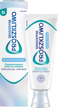 Biała tuba pasty Sensodyne ProSzkliwo Delikatne Wybielanie i opakowanie, widok z przodu, na ochronę szkliwa.