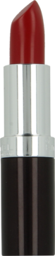 Zbliżenie: Rimmel Lasting Finish szminka Alarm, głęboka czerwień, wysunięty sztyft, srebrno-czarne etui.