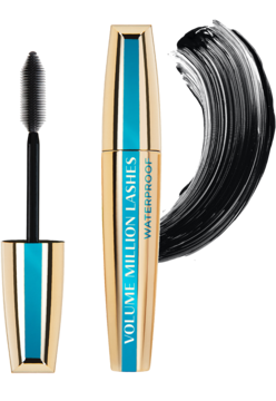 L'Oréal Volume Million Lashes Waterproof mascara w złotej tubce z niebieskim paskiem, obok aplikator i czarny swatch.