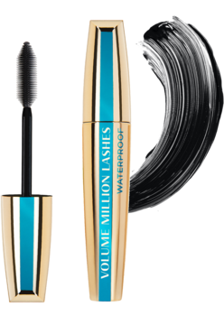L'Oréal Volume Million Lashes Waterproof mascara w złotej tubce z niebieskim paskiem, obok aplikator i czarny swatch.