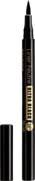 Bourjois Liner Feutre Ultra Black 24H, czarny eyeliner w pisaku z odkrytą końcówką i zdjętą zatyczką.