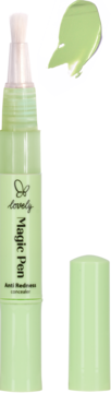 Zielony korektor Lovely Magic Pen Anti Redness z pędzelkiem, stojący obok zdjętej zatyczki i smugi produktu.