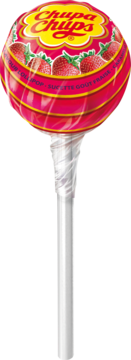 Lizak Chupa Chups o smaku truskawkowym. Pełny widok. Różowe opakowanie ze zdjęciami truskawek i żółtym logo.