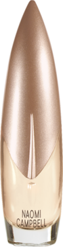 Woda toaletowa Naomi Campbell Signature, butelka w kształcie pocisku, matowa rose-gold góra, przezroczysty dół.