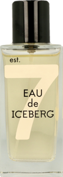 Przezroczysta butelka perfum Iceberg Eau de Iceberg 7 z beżową etykietą i czarną nakrętką, widok z przodu.