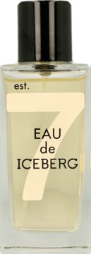 Przezroczysta butelka perfum Iceberg Eau de Iceberg 7 z beżową etykietą i czarną nakrętką, widok z przodu.