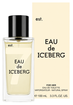 Perfumy EAU de ICEBERG dla kobiet w szklanej butelce z czarną nakrętką i jasnym pudełkiem, widok z przodu.
