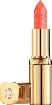 L'Oréal Color Riche pielęgnująca pomadka w koralowym odcieniu, złota obudowa z logo i otwartym monogramem.