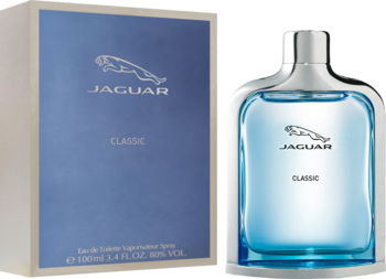Jaguar Classic woda toaletowa dla mężczyzn, niebieska butelka i pudełko z logo jaguara, widok z przodu.