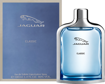 Jaguar Classic woda toaletowa męska 100ml. Niebieska butelka z metalowym korkiem i dopasowane pudełko, widok z przodu.