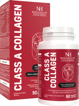 Noble Health Class A Collagen suplement, biała butelka z czerwonym napisem i pudełko, widok z przodu pod kątem.