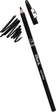 Czarna kredka do oczu Lovely Black eyeliner z temperówką, widoczna ukośnie na czarnym tle.