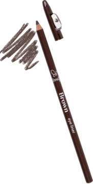 Brązowa konturówka Lovely eyeliner z temperówką na skuwce, widoczny swatch koloru na czarnym tle.