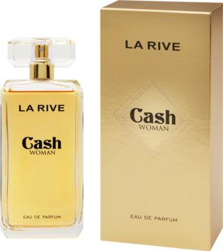 La Rive Cash Woman woda perfumowana w przezroczystym flakonie obok złotego pudełka, o owocowo-kwiatowym zapachu.