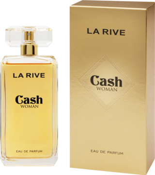 La Rive Cash Woman woda perfumowana w przezroczystym flakonie obok złotego pudełka, o owocowo-kwiatowym zapachu.
