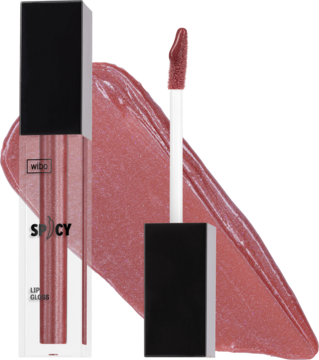 Błyszczyk do ust WIBO Spicy #01 z chili powiększający. Brązowo-różowa buteleczka, aplikator i swatch koloru z połyskiem.