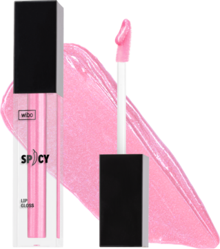 Mieniący się różowy błyszczyk Wibo Spicy Lip Gloss 03 w tubce, obok aplikator i smuga produktu.