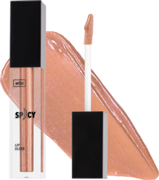 Widok z boku na powiększający błyszczyk Wibo Spicy nr 07, miedziany z połyskiem, w tubce obok aplikatora na swatchu.