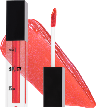 Czerwony błyszczyk WIBO Spicy 08 w przezroczystej tubce, z aplikatorem i intensywnym, lśniącym swatchiem obok.