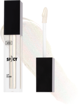 WIBO Spicy błyszczyk z chili, nr 10. Szkliste usta, tęczowe refleksy. Przezroczysta tubka z aplikatorem i swatche.