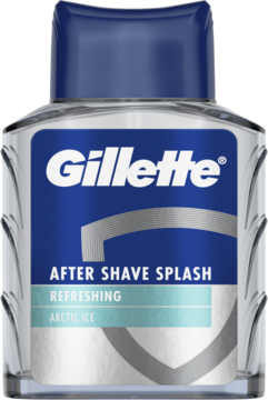 Gillette After Shave Splash Arctic Ice w niebieskiej butelce z srebrnymi akcentami, widok z przodu.