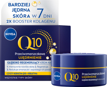 NIVEA Q10 Przeciwzmarszczkowy Krem na Noc w granatowym słoiczku. Z tyłu pudełko z hasłem: jędrna skóra w 7 dni.