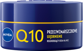 Niebieski słoik NIVEA Q10 Przeciwzmarszczkowy Krem na Noc, żółte detale, widok od góry lekko pod kątem.