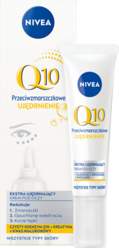 NIVEA Q10 ujędrniający krem pod oczy z Q10 i kwasem hialuronowym w białym opakowaniu i tubce.