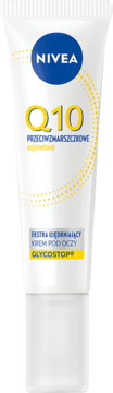 Biała tubka kremu Nivea Q10 Przeciwzmarszczkowe Ujędrnienie pod oczy, z żółtym napisem Q10 i Glycostop, widok z przodu.