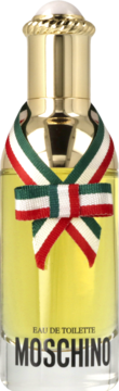 Damska woda toaletowa Moschino w butelce, żółty płyn, złota nakrętka i włoska wstążka, widok z przodu.