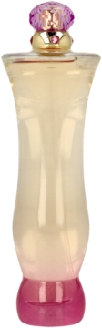 Versace Woman woda perfumowana, elegancki flakon z jasnego szkła, przechodzący w różowy dół, z ozdobnym fioletowym korkiem.