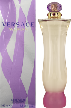 Versace Woman woda perfumowana 100ml, w fioletowo-srebrnym pudełku i butelce o kształcie zmysłowych krągłości, widok z przodu.