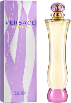 Versace Woman woda perfumowana w fioletowym pudełku i smukłej butelce z różową podstawą, widok przód.
