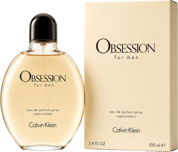 Butelka i pudełko Calvin Klein Obsession for men, woda perfumowana. Bursztynowy flakon z czarnym korkiem obok beżowego opakowania.