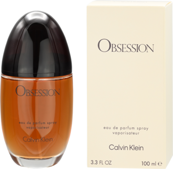 Calvin Klein Obsession woda perfumowana męska, bursztynowa butelka i beżowe pudełko, widok z przodu.