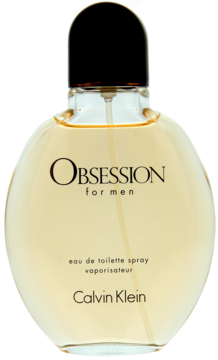 Obsession for Men Calvin Klein woda toaletowa w zaokrąglonej butelce z jasnym płynem i czarną zakrętką, widok z przodu.