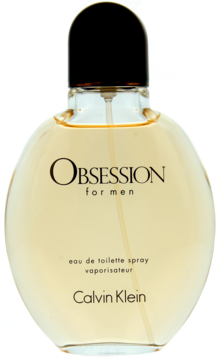 Obsession for Men Calvin Klein woda toaletowa w zaokrąglonej butelce z jasnym płynem i czarną zakrętką, widok z przodu.